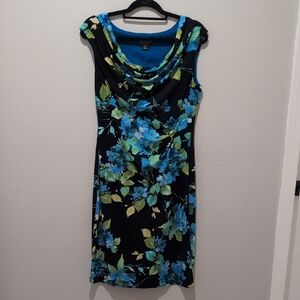 Connected Apparel Midi Dress with Blue and Green Floral Print
